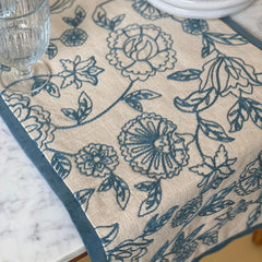 Rosabelle Chintz Teal Table Runner close-up of floral embroidery on cotton slub