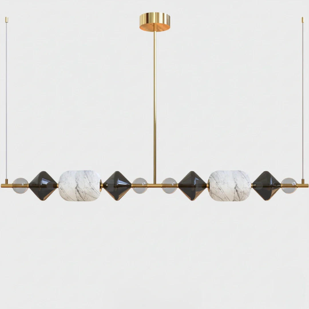 Designer Linear Hanging chandelier with geometric design on a white background