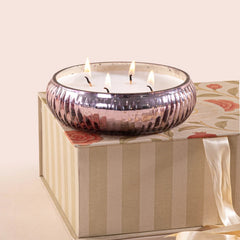 Illume - Lid Jar & Bowl Candle - Tuberose & Orchid - Set of 2, lit three-wick mauve mercury bowl on gift box