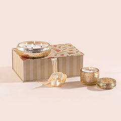 Illume - Lid Jar & Bowl Candle - Venetian Bergamot - Set of 2, mercury glass bowl on gift box with gold lidded jar beside