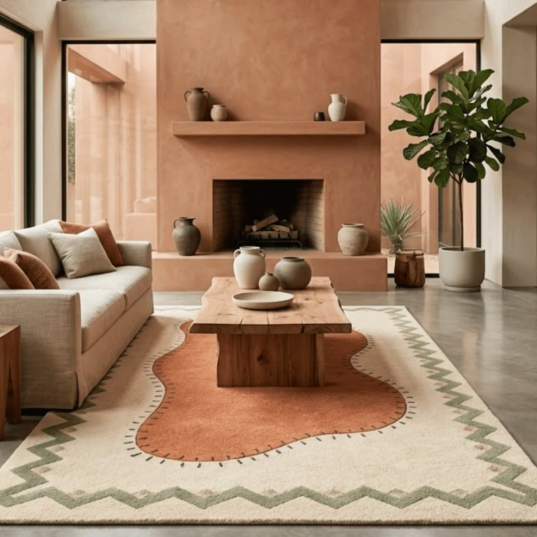 Modern living room with a fireplace, wooden coffee table, and decorative vases.