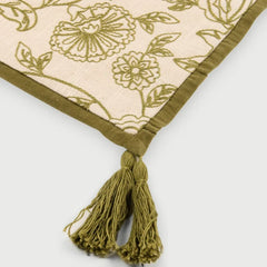 Rosabelle Chintz Olive Table Runner close-up of microvelvet border and olive tassels