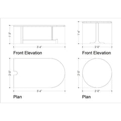 Technical line drawing showing dimensions of a table, with front elevation and plan views labeled Front Elevation and Plan on a white background.