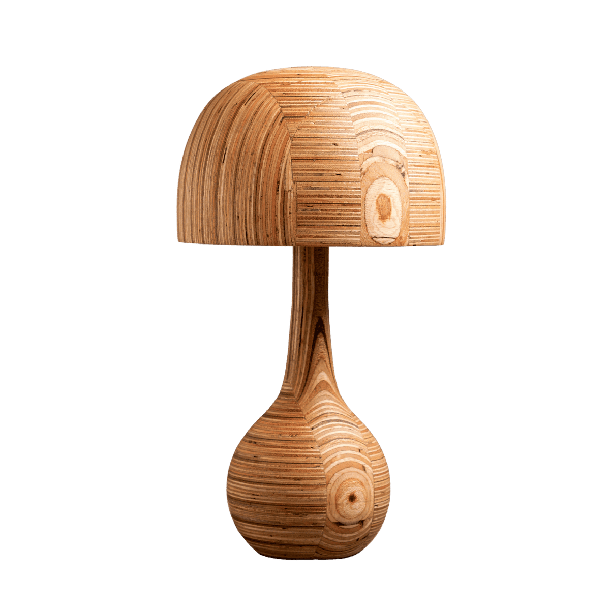 A table lamp with a whimsical, mushroom-like shape made from sustainable waste plywood, with a light fixture on the top.