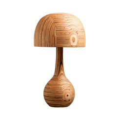 A table lamp with a whimsical, mushroom-like shape made from sustainable waste plywood, with a light fixture on the top.