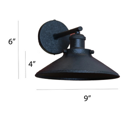 Black wall sconce with dimensions indicated on a white background
