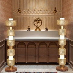 Metamorphosis Floor Lamp featuring two lamps in a temple-inspired lighting decor setting.