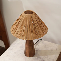 Top view of Harmony Table Lamp, natural wood texture lamp shade and stand.