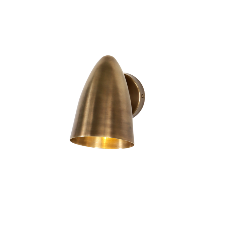 Close-up detail of Cone Wall Sconce hinge and mounting plate in aged brass finish