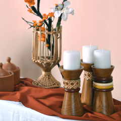 Troika wooden Candle Holder Set of 3 with cane and ring design.