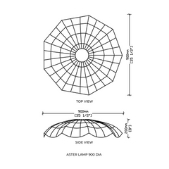 Technical drawing of a pendant lamp with top and side views and dimensions.