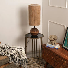 Jute Table lamp with woven shade and wooden base on a side table