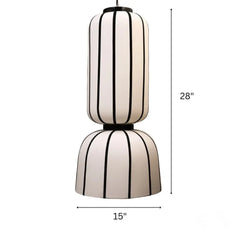 Aluna D pendant light with black stripes and dimensions on a white background