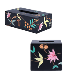 Two decorative Black Beauty Tissue Box holders with hand-painted floral design on the lid and on all sides.