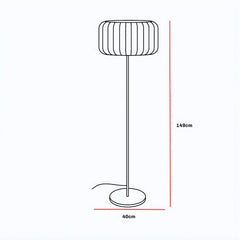 Bird's Nest rattan floor lamp shown at full height with dimensions 