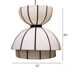 Pendant light with striped design and measurements on a white background