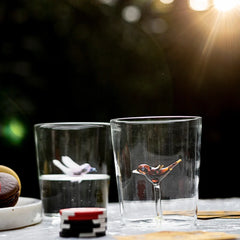 Two Wren Clear Drinking Glasses on a table with a blurred outdoor background