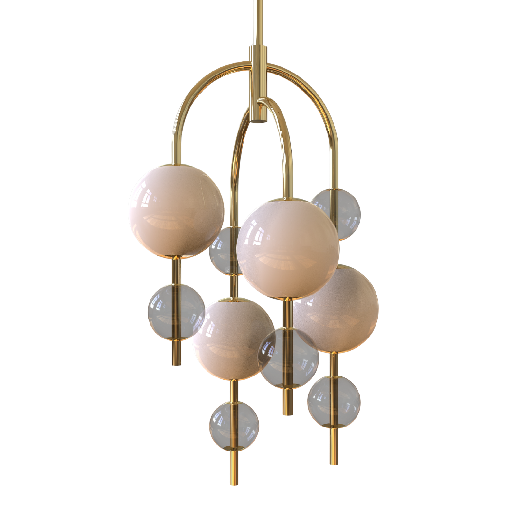 A pendant light fixture with a metal framework and multiple glass globes in varying sizes, with a neutral color palette.