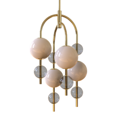 A pendant light fixture with a metal framework and multiple glass globes in varying sizes, with a neutral color palette.