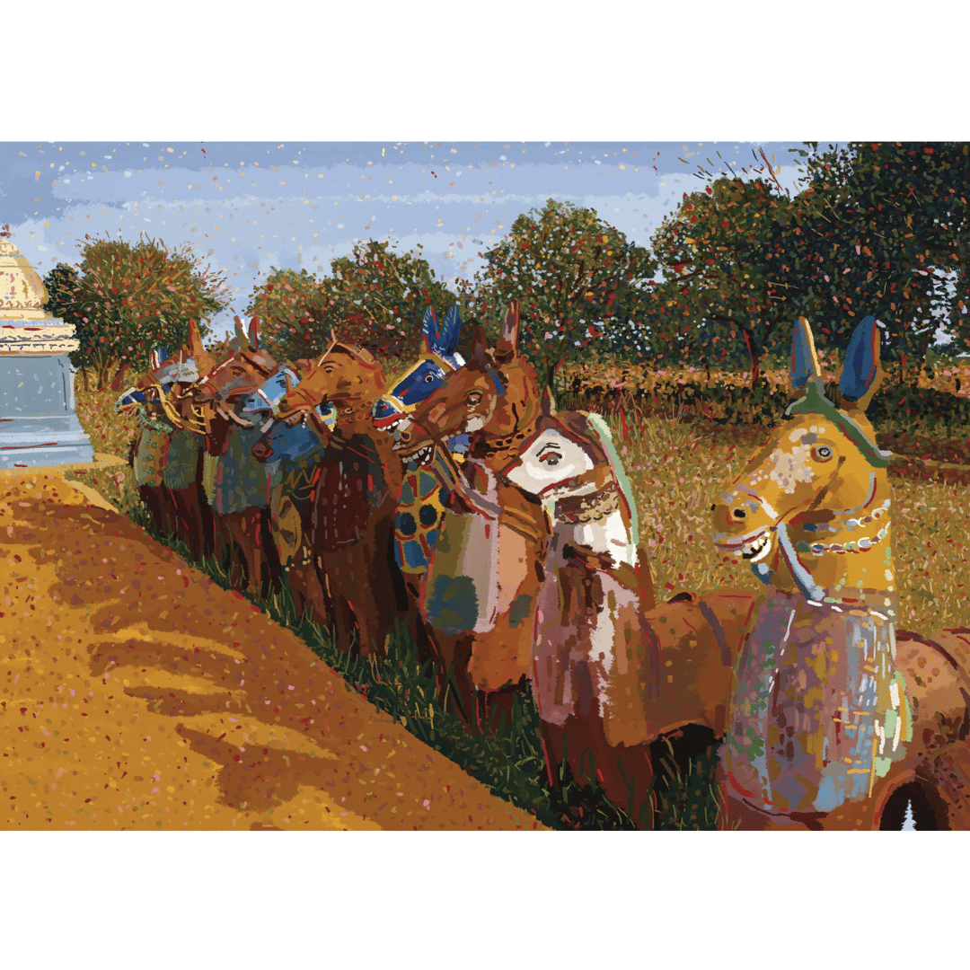 A vibrant painting depicting a group of horses with human-like features, dressed in colorful attire, standing in a row on a dusty path.