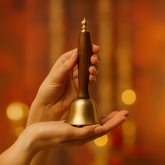 Hand holding a small gold bell against a warm, blurred background
