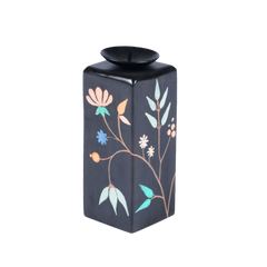 Black Beauty Candle Holder in medium  size with floral designs on a white background