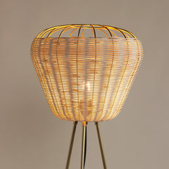 Rattan Floor lamp, close view with wicker shade and gold base 