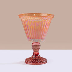 Sundae - Votive Candle - Peach - Sparkling Orchard, peach iridescent ribbed glass on rose pedestal stem, front view