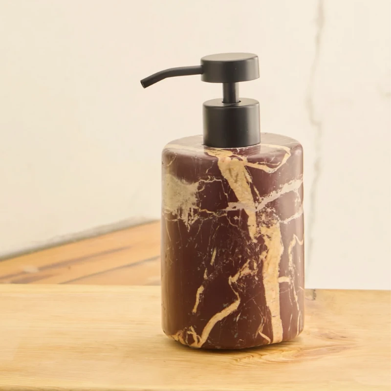 Marble Soap Dispenser - Indian Levanto - On Wooden Counter, Burgundy Marble with Black Pump