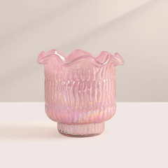 Lavender Votive Candle, pink iridescent lotus-cut glass with ruffled rim, front view