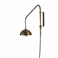 Float One Arm Wall Sconce Brass Dome wall-mounted lamp with curved arm on a white background