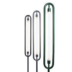Standing floor lamps with LED strip lighting, one with a green shade and the other with a silver & black shade, featuring a glossy brass/copper finish and a steel powder coating.