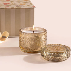 Illume - Lid Jar & Bowl Candle - Venetian Bergamot - Set of 2, lit gold patterned glass jar with lid, close-up