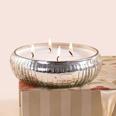Illume - Lid Jar & Bowl Candle - Venetian Bergamot - Set of 2, lit ribbed mercury glass bowl on gift box, front view