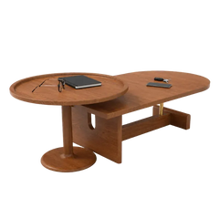 A mid-century modern wooden coffee table with a dual-design top featuring a round tray on the left and an elongated oval seating surface on the right