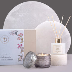 Illume - Candle Gift Set - Smoke & Ivory - Night Jasmine - Set of 2, reed diffuser and lit smoke glass jar with Night Jasmine box