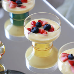 NIB - Mini Dessert Bowl - Set of 4 – custard topped with strawberries and blueberries in yellow and teal base bowls
