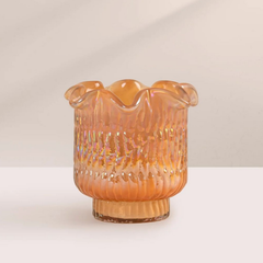 Flower Cut - Votive Candle - Orange - Lemongrass, orange iridescent glass with ruffled rim, front view
