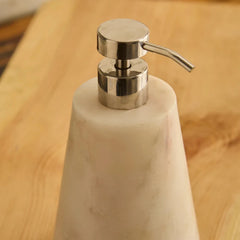 Neo White Soap Dispenser - Close-Up of Polished Chrome Pump and Marble Top