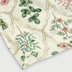 Eden Rose Linen Table Cover close-up of corner hem-stitch and botanical print