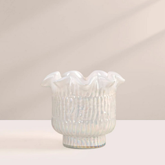Jasmine Votive Candle, white pearl iridescent lotus-cut glass, front view