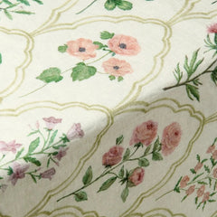 Eden Rose Linen Table Cover close-up of rose and poppy motifs in ogee pattern