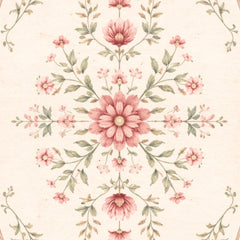 Floral pattern with pink flowers and green leaves on a beige background