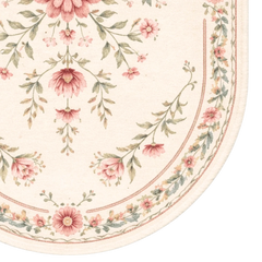 Floral patterned rug with pink flowers and green leaves on a beige background