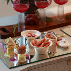 NIB - Mini Dessert Bowl - Set of 4 – yellow base bowl holding a fried snack on a mirror tray with appetisers