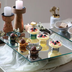 NIB - Mini Dessert Bowl - Set of 4 – berry custard in teal, yellow and clear black base bowls on a dessert table