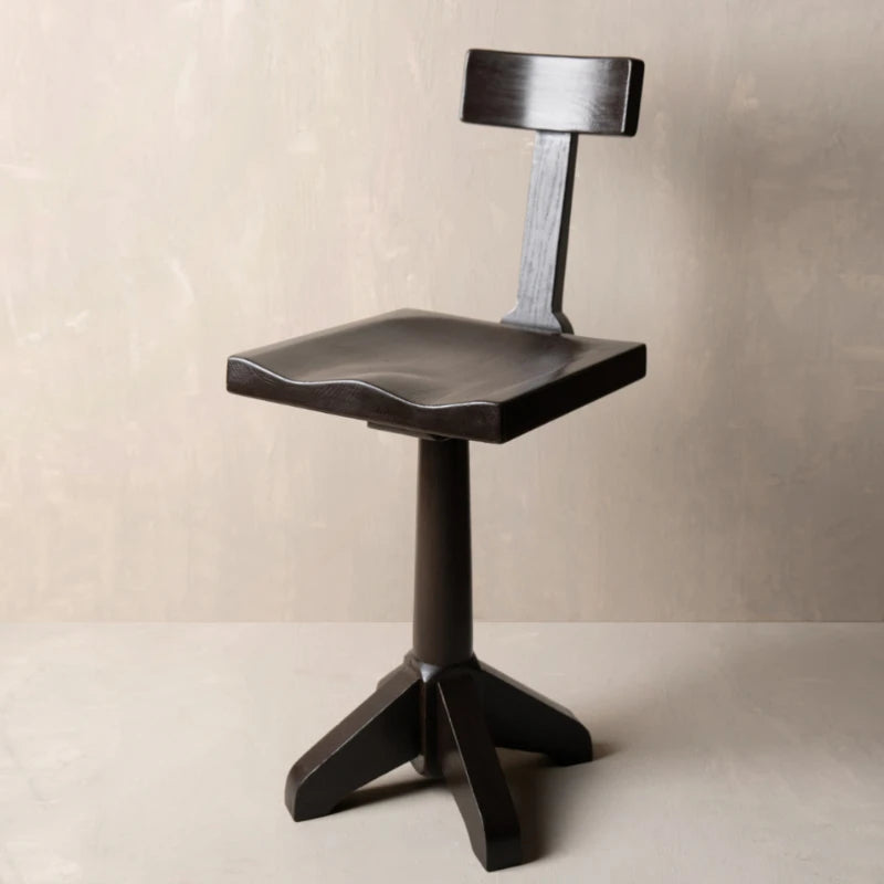 A premium black polish wood bar stool with a square seat, a backrest, and a four-legged pedestal base.