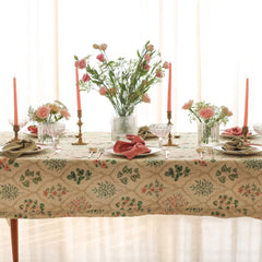 Eden Rose Linen Table Cover on dining table with pink taper candles and floral centrepiece