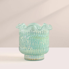Orange Cassis Votive Candle, aqua iridescent lotus-cut glass, front view