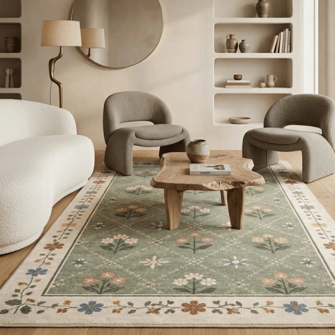 Modern living room with floral-patterned rug, gray chairs, and wooden coffee table.
